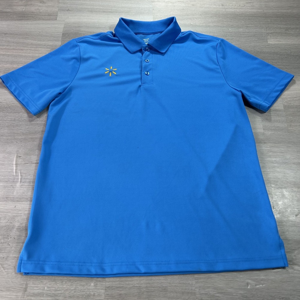 Walmart Polo Shirt Mens Medium Blue Solid Logo Work Uniform Stretch Knit Top